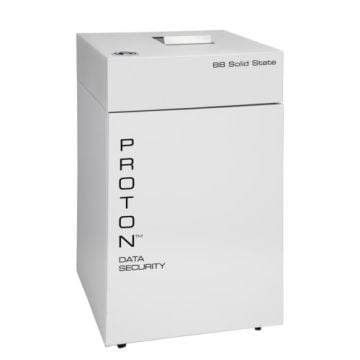 Front view of the Proton PDS-88 Solid State Media Shredder, a sleek white data destruction device designed for secure media disposal.