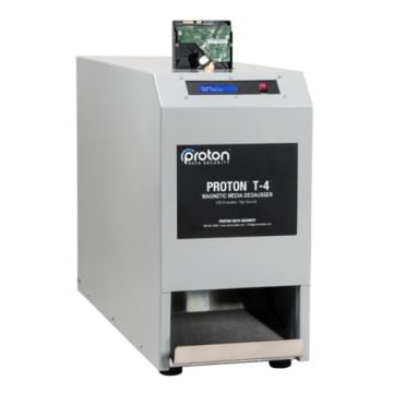 The Proton T-4 Automatic Hard Drive and Magnetic Media Degausser, a device used for secure data destruction on magnetic media.