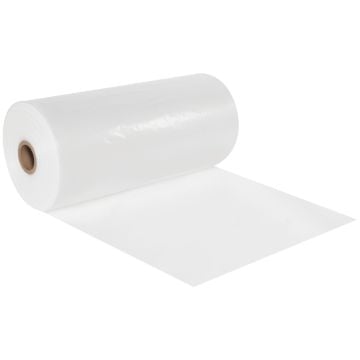 A roll of 1.5 Mil Poly Tubing is displayed, featuring a clear, flexible plastic material unrolling, ideal for custom-sized bags and packaging applications.