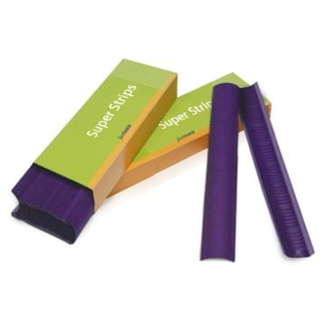 Purple 11" Medium Powis Parker Fastback Super Strips in a vibrant purple color are displayed with two strips partially removed from their green and orange packaging, showing their smooth texture and linear grooves.