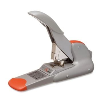 A silver and orange Rapid Duax Heavy Duty Stapler with an open lever, designed for stapling large volumes of paper.