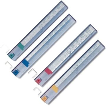 Four transparent Rapid Heavy-Duty Stapler Cartridges in different colors lined up horizontally.