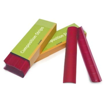 A pack of green and yellow-labeled Powis Parker Fastback composition strips, labeled "Composition Strips," with two deep red 11" wide strips displayed prominently, featuring a textured finish.