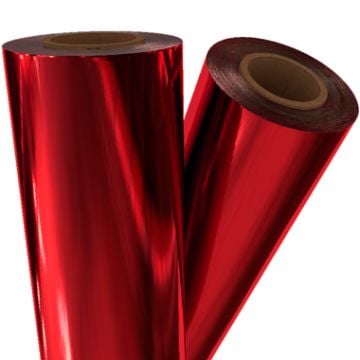 Two rolls of shiny Red Metallic Laminating / Toner Fusing Foil with a reflective surface, perfect for enhancing printed materials.