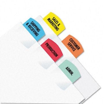 Redi-Tag Assorted Laser Printable Index Tabs in various colors labeled for departments such as Shipping & Receiving, Sales & Marketing, Production, Customer Service, and Admin.