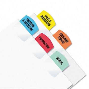 Redi-Tag Assorted Laser Printable Index Tabs in various colors labeled for different departments, including Shipping & Receiving, Sales & Marketing, Production, Customer Service, and Admin.