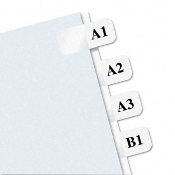 Redi-Tag White 7/16" Laser Printable Index Tabs labeled A1, A2, A3, and B1, attached to the edge of a document for easy organization.