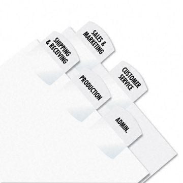 Redi-Tag White Laser Printable Index Tabs featuring labeled dividers for organized sections like Shipping & Receiving, Sales & Marketing, Customer Service, Production, and Admin.