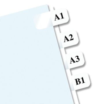 Close-up of Redi-Tag White 7/16" Laser Printable Index Tabs labeled A1, A2, A3, and B1 on the edge of a document for easy organization.