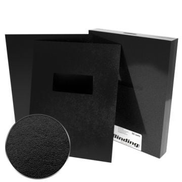 Close-up of 8.5" x 11" Regency Leatherette Vinyl Covers with Windows - 100 Sets, showcasing the textured black leatherette finish with a rectangular window cutout in the center.