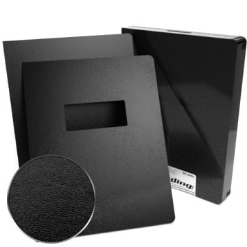 Black 8.75" x 11.25" Regency Leatherette Vinyl Covers with Windows - 100 Sets, featuring a sleek, textured finish and a rectangular cutout for displaying front page titles or logos.