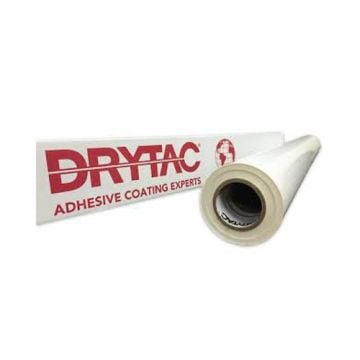 A roll of ReTac Duo Double-Sided Mounting Adhesive with the Drytac logo and the words "Adhesive Coating Experts" displayed beside it.