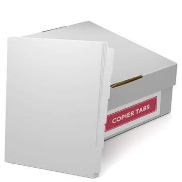 Box of MyBinding Reverse Collated 90lb Plain Paper Copier Tabs with blank tabs ready for printing or organizing