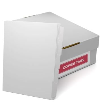 MyBinding Reverse Collated 90lb Mylar Coated Copier Tabs with blank white dividers and visible tab extensions, next to a labeled storage box.