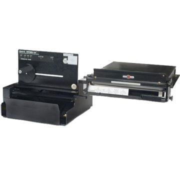 The Rhin-O-Tuff Onyx APES-14 Automatic Paper Ejector and Stacker, showcasing its black metal design and paper stacking feature.