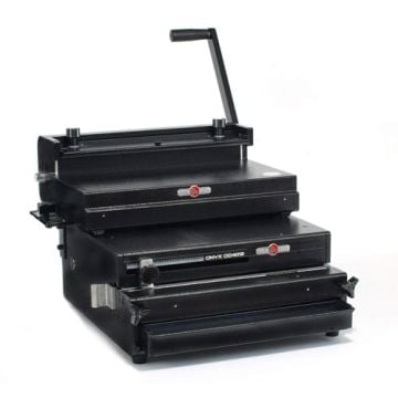 Rhin-O-Tuff 4012PC Medium Duty Electric ProClick Punch System with a sleek black design and manual lever for efficient binding operations.
