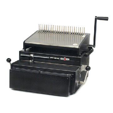 A Rhin-O-Tuff 7700PB Mega Duty Electric Plastic Comb Binding System featuring a robust design with a manual crank handle and heavy-duty metal construction, suitable for high-volume binding tasks.