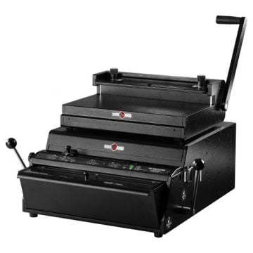 The Rhin-O-Tuff 7700W3 Mega Duty Electric 3:1 Wire Binding System, a heavy-duty, black industrial machine designed for wire binding, featuring manual and electric operation controls.