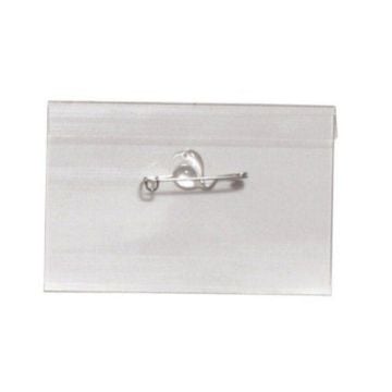 Clear rigid vinyl name tag holder with crimp pin attachment, featuring a transparent rectangular design and a secure metal pin on the back for fastening.