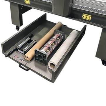 A Rollover Flatbed Storage Trolley, designed for convenient organization and storage of rolls and tools used in flatbed applicator operations.