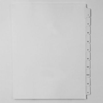 Avery Style Letter Size Collated Roman Numeral Side Tab Legal Indexes with tabs labeled I to X on the right edge.