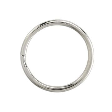 A shiny, silver-colored round edge heat treated split ring with a small gap visible on one side.