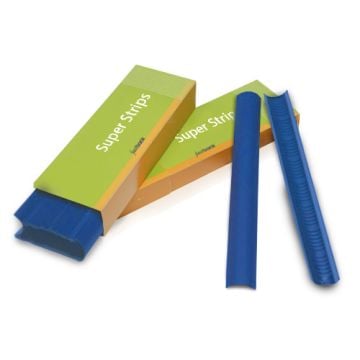 Royal Blue 11 Fastback Super Strips displayed with an open green and yellow packaging box, revealing the textured blue strips.
