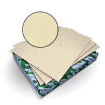 Stack of "Royal Fiber Birch 80lb Smooth Covers" paper sheets with a close-up view showing the textured, light beige surface.