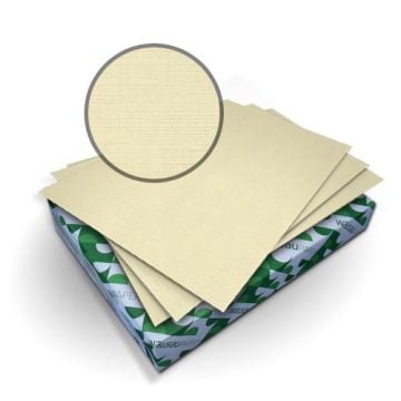 A stack of textured Royal Linen Ivory 80lb Covers paper with a close-up showing the subtle linen finish.