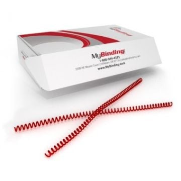 Box of Ruby Red 4:1 Pitch Plastic Spiral Binding Coil with two loose coils displayed in front.