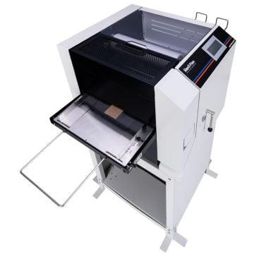 Top view of the Revo Flex 13 Fully Automatic Laminator With Internal Trimming System, showing the open tray and sleek design.