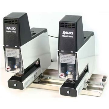 Two SALCO R105 Gangster Electric Staplers positioned side by side on a metal base.