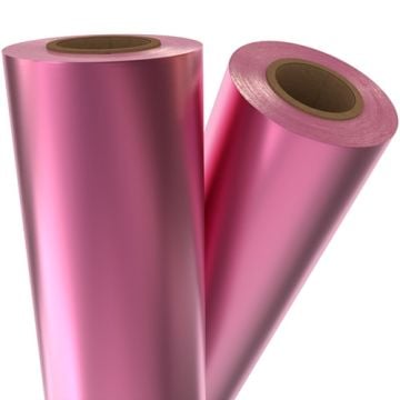 Two rolls of Fuchsia Pink Satin Matte Laminating / Toner Fusing Foil with a smooth, reflective finish.