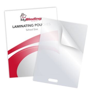 Transparent School Size Pouches with Short Side Slot, ideal for laminating and protecting documents, shown alongside packaging.
