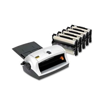 A Scotch LS960VAD Heat-Free 8.5-Inch laminator with an open tray and a spare laminating cartridge beside it.