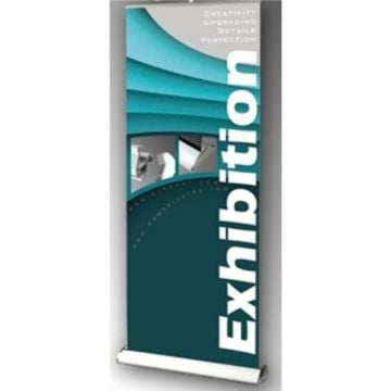 SEAL Roll Up Deluxe 33" Wide Banner Stand (Adjustable Height), featuring a sleek design with bold 'Exhibition' text and a modern teal graphic.