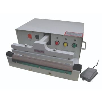 A SealerSales W-455AT 18" Automatic Double Impulse Sealer with control knobs for cycle, congealing, and sealing, featuring an on/off switch, automatic mode option, and a foot pedal for operation.