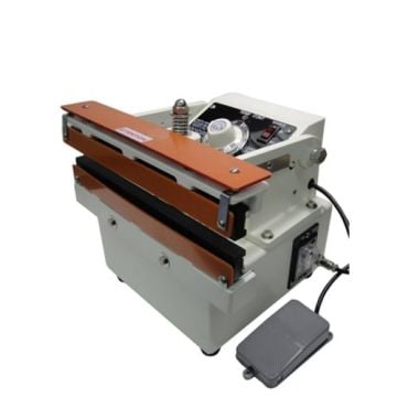 SealerSales W-Series 12" Table-Top Direct Heat Sealers with a compact design features orange sealing bars, a control dial, and a foot pedal for precision sealing tasks.