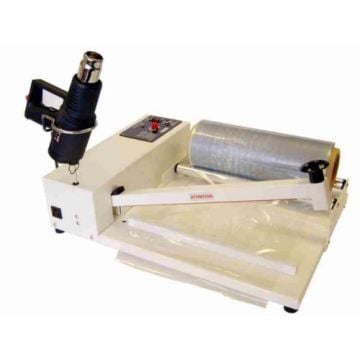 A SealerSales 30" Bar Sealer Shrink Wrapping Starter Kit featuring a heat gun, a bar sealer, and a roll of shrink wrap, designed for packaging applications on a white surface.
