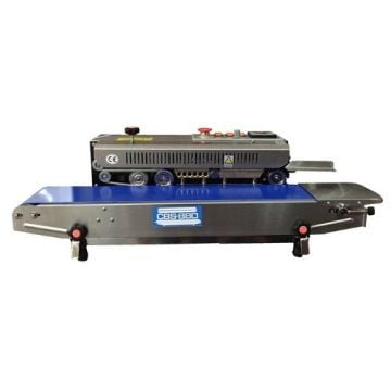 SealerSales CBS-880I Horizontal Continuous Band Sealer (Right Feed) featuring a robust stainless steel structure, a bright blue conveyor belt, clearly visible control knobs, and adjustable sealing components for horizontal packaging tasks.