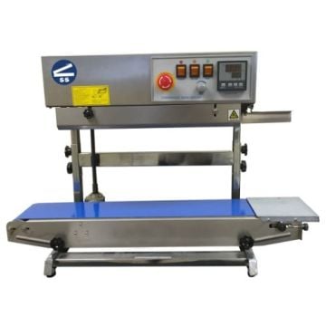 SealerSales CBS-880II Vertical Continuous Band Sealer (Right Feed) with a stainless steel frame, digital control panel, emergency stop button, and a blue conveyor belt designed for vertical sealing applications.
