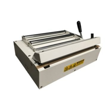 A SealerSales D-3010HCA 13" Table-Top Medical Pouch Impulse Sealer featuring a white rectangular body, a lever handle, and three metal sealing rollers on the top.