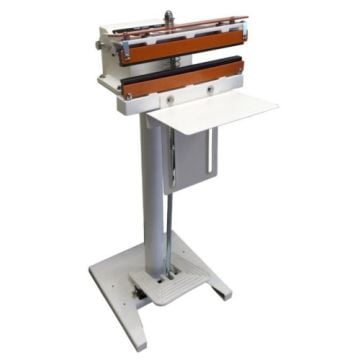 A foot-operated SealerSales W-Series 12" Direct Heat Sealer with a sturdy metal base, adjustable table, and dual heating elements designed for efficient sealing tasks.