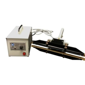 A SealerSales FKR-300A 12" Portable Double Impulse Sealer with a 5mm seal width, featuring a compact white control unit connected to a handheld black sealing arm with dual metal sealing bars.