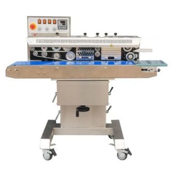 SealerSales FRM-1120C Free-Standing Horizontal Dry Ink Coding Continuous Band Sealer featuring a control panel with multiple switches, a stainless steel adjustable base, and a blue conveyor belt for packaging operations.