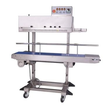 A compact SealerSales FRM-1120LD Right Feed Vertical Dry Ink Coding Continuous Band Sealer with a stainless steel frame, blue conveyor belt, caster wheels, and a top-mounted control panel featuring indicator lights and adjustment knobs.