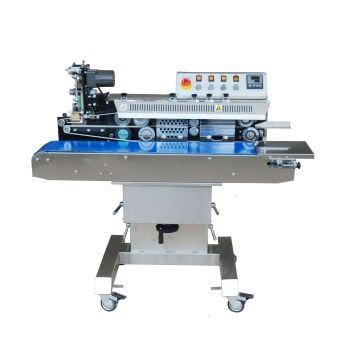 A stainless steel SealerSales FRS-1120W Free-Standing Horizontal Color Ribbon Printing Continuous Band Sealer featuring a conveyor belt, control panel with adjustment knobs, and caster wheels for mobility.