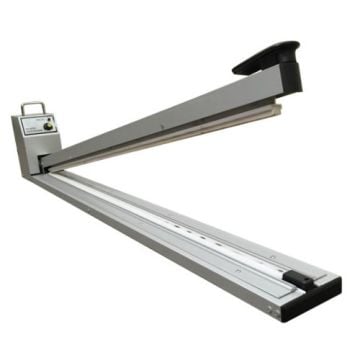 A SealerSales FS-1000H 40" Long Hand Impulse Sealer featuring a sleek metal design with a long sealing arm, control panel, and a sturdy handle for efficient operation.