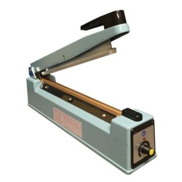 A SealerSales FS-Series 12" Hand Impulse Sealer with a light blue body, black handle, and control knob, designed for sealing plastic bags, displayed with the sealing bar open.