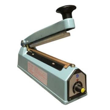 A SealerSales FS-Series 8" Hand Impulse Sealer with a blue metallic body, black handle, and adjustable timer knob, designed for sealing plastic bags.